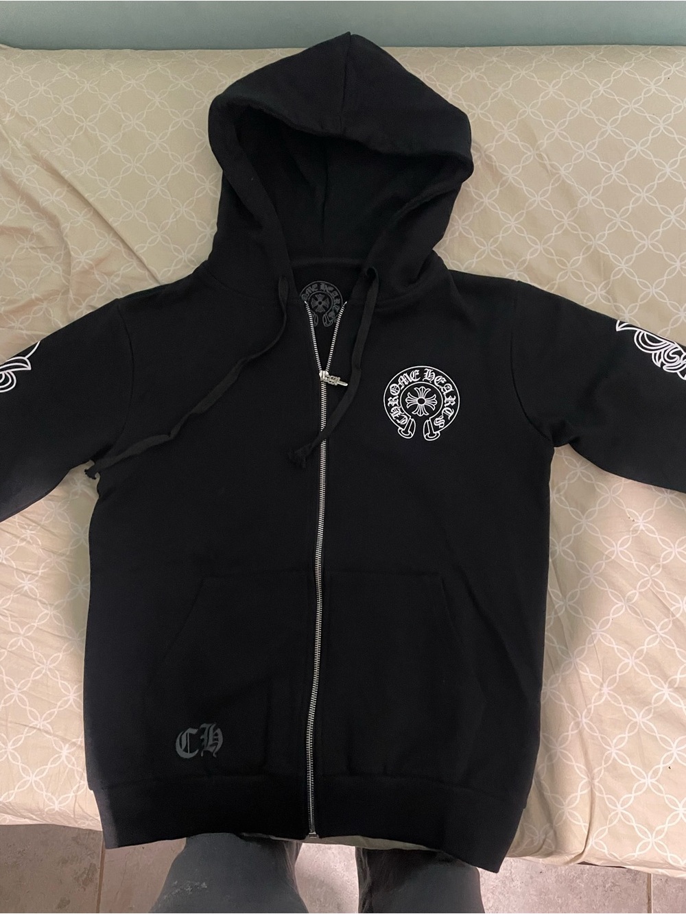 Black Zip-Up Hoodie Jacket with White Logo